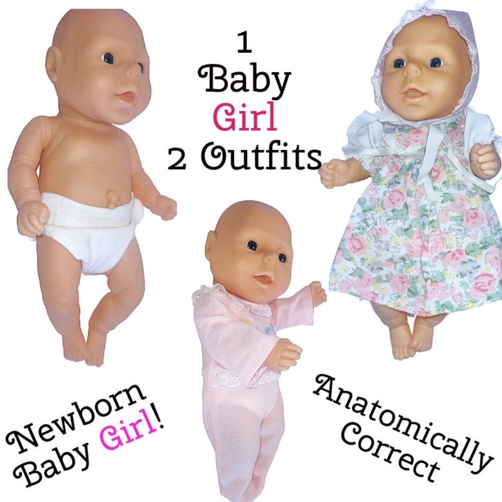 Vintage Anatomically Correct Newborn Baby Girl Doll With PJs & a Dress